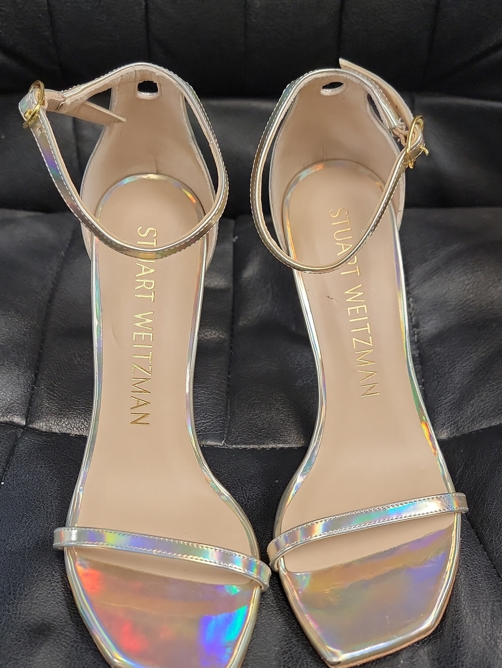 Stuart Weitzman Iridescent Holographic Ankle-Strap Heels